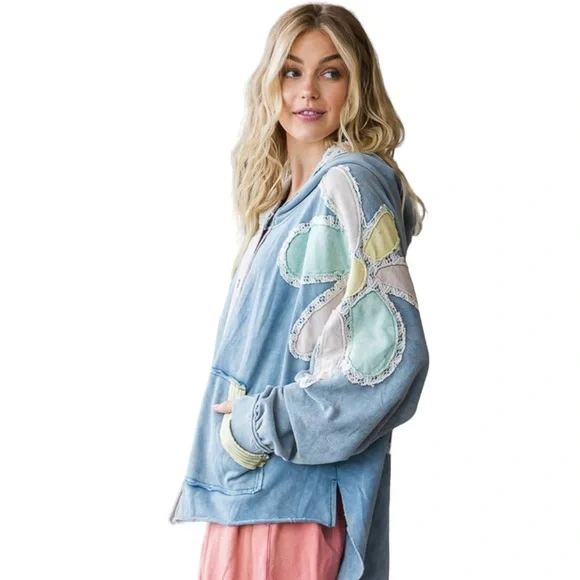 Women's Blue Floral Hoodie - Picture 3 of 7